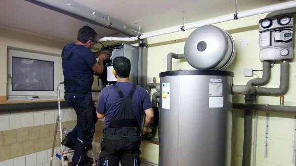 Zwei Handwerker stellen eine gerade installierte W&auml;rmepumpe im Keller einer Doppelhaush&auml;lfte ein. - &copy; Doreen Garud/dpa