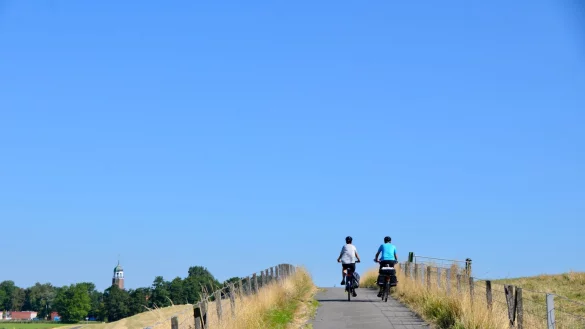 Die Route f&uuml;hrt am Emsdeich entlang kleiner Orte wie Jemgum. - &copy; Wolfgang Stelljes/dpa-tmn