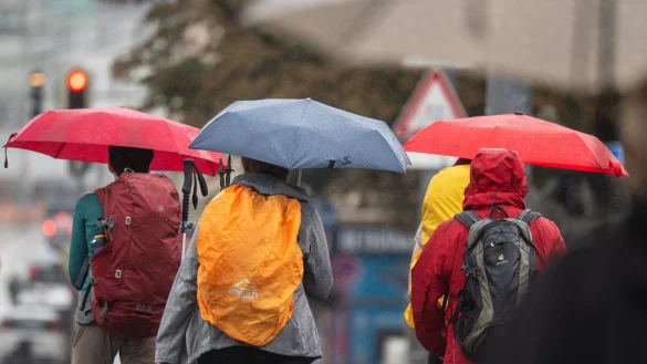Menschen sch&uuml;tzen sich bei Regen mit ihren Schirmen. - &copy; Peter Kneffel/dpa/Symbolbild