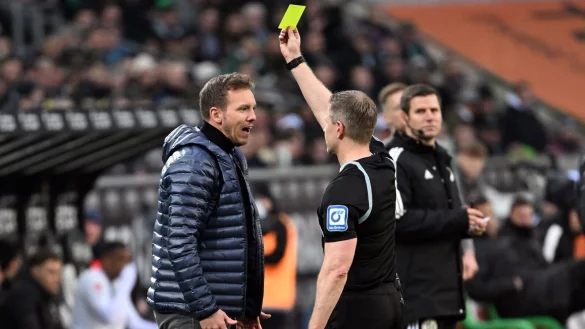 Schiedsrichter Tobias Welz zeigt Bayerns Trainer Julian Nagelsmann die gelbe Karte. - &copy; Federico Gambarini/dpa