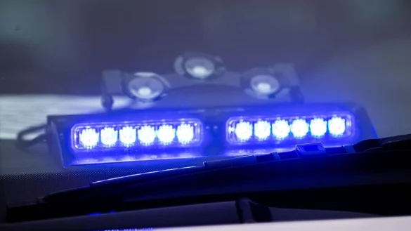 Ein Blaulicht leuchtet unter der Frontscheibe eines Einsatzfahrzeugs der Polizei. - &copy; Lino Mirgeler/dpa/Symbolbild