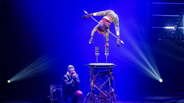 Bei ihrer Darbietung balanciert Silke Pan auf Handstandst&uuml;tzen - und steigt mit den Kl&ouml;tzen immer weiter in die H&ouml;he. - &copy; Christoph Reichwein/dpa