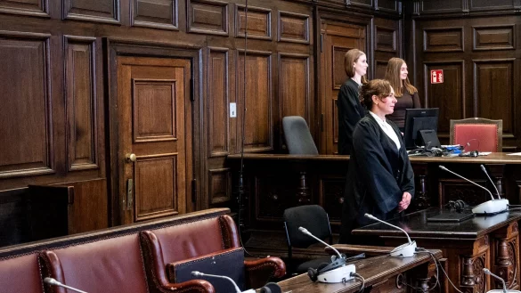 Die Verteidigerin steht zun&auml;chst ohne ihre Mandantin im Gerichtsaal. Die wahrscheinlich psychisch kranke Beschuldigte wird erst hereingef&uuml;hrt, nachdem die Fotografen gegangen sind. - &copy; Daniel Bockwoldt/dpa