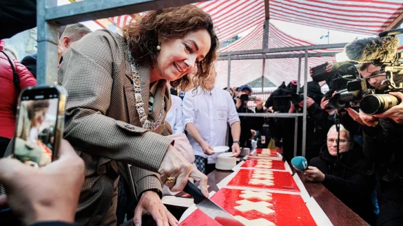 Amsterdams B&uuml;rgermeisterin Femke Halsema schneidet die lange Torte an. - &copy; Ramon Van Flymen/ANP/dpa