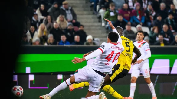 Serhou Guirassy (M) erzielt das 1:0 f&uuml;r Dortmund. - &copy; Tom Weller/dpa