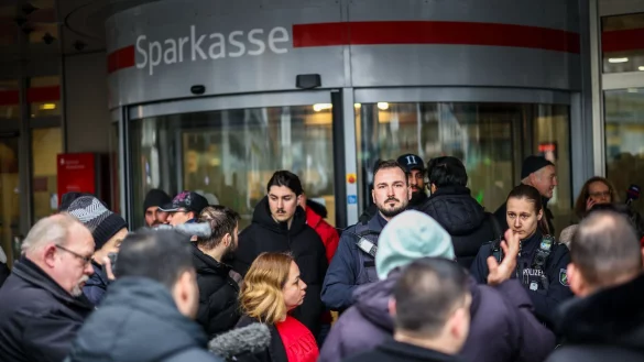 Die Polizei r&auml;umte den Vorraum der Filiale und beruhigte auch mit Lautsprecherdurchsagen die Situation. - &copy; Christoph Reichwein/dpa