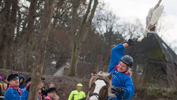 Der sp&auml;tere Sieger des traditionellen G&auml;nsereiten des G&auml;nsereiter Clubs Sevinghausen, J&ouml;rg Wendorf, greift vom R&uuml;cken eines Pferdes nach einer h&ouml;lzernen Gans. Das Landwirtschaftsministerium in NRW hat sich f&uuml;r ein Verbot des in Teilen des Landes traditionell durchgef&uuml;hrten K&ouml;pfens von Tierleichen ausgesprochen. - &copy; Bernd Thissen/dpa