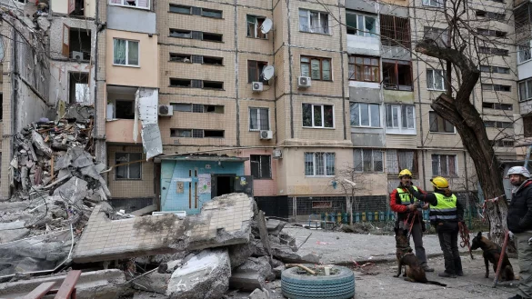 Hundef&uuml;hrer stehen neben einem Wohnhaus in Odessa, das von einer russischen Drohne zerst&ouml;rt wurde. - &copy; ---/Ukrinform/dpa