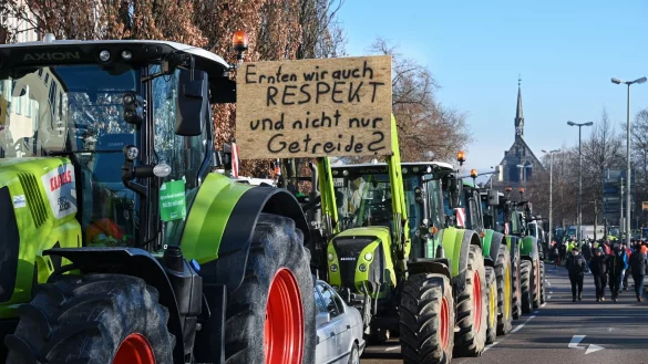 Mit einem Traktor-Konvoi demonstrieren Bauern gegen Subventionskürzungen. - © Uwe Zucchi/dpa