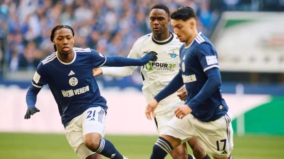 Schalkes Brandon Soppy (l) Yusuf Kabadayi (r) und Ilyas Ansah von Paderborn in Aktion. - &copy; Bernd Thissen/dpa