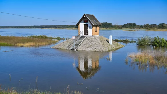 Rund um das Pegelh&auml;uschen auf einem Sockel am Oderufer in Ratzdorf (Oder-Spree-Kreis) ist schon der hohe Wasserstand zu sehen. - &copy; Patrick Pleul/dpa