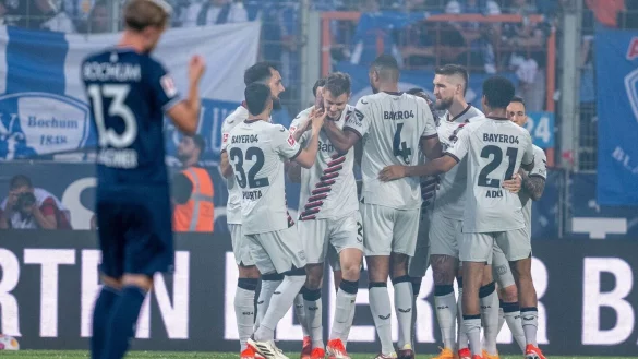 Leverkusens Spieler jubeln nach dem Tor zum 0:4. - &copy; David Inderlied/dpa