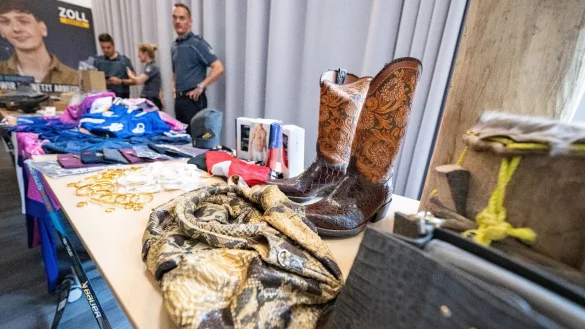 Eine Tasche und Cowboystiefel aus verbotenen Tierh&auml;uten, werden unter anderem im Rahmen der Jahrespressekonferenz gezeigt. - &copy; Benjamin Westhoff/dpa