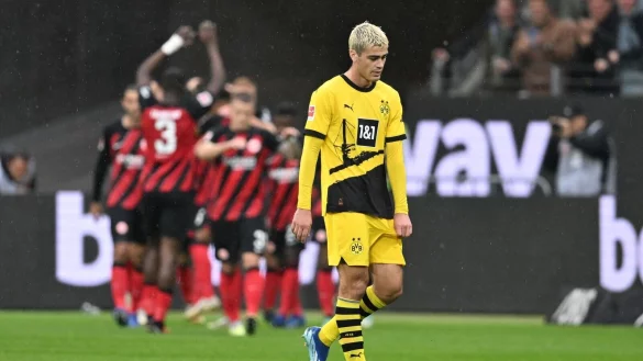 Dortmunds Giovanni Reyna(r) reagiert nach Frankfurts Tor zum 2:0. - &copy; Arne Dedert/dpa