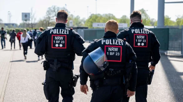 Drei Polizisten gehen &uuml;ber den Stadionvorplatz. - &copy; David Inderlied/dpa