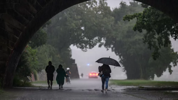 Menschen sind bei starkem Regen in Dresden w&auml;hrend eines Gewitters auf dem Elberadweg unterwegs. - &copy; Robert Michael/dpa