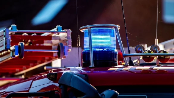 Auf dem Dach eines Einsatzfahrzeugs der Feuerwehr leuchtet ein Blaulicht. - &copy; David Inderlied/dpa/Symbolbild