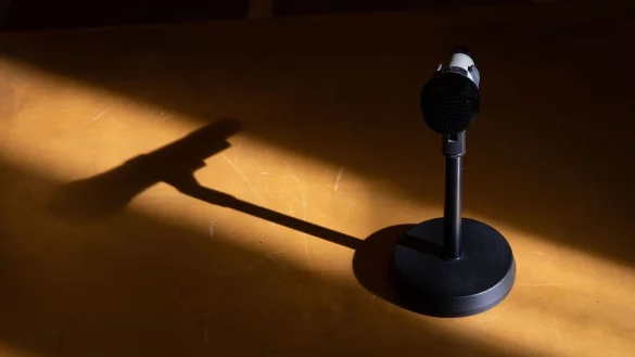 Ein Mikrofon steht in einem Saal eines Gerichts. - &copy; Friso Gentsch/dpa/Symbolbild