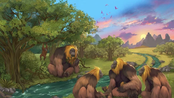 K&uuml;nstlerische Darstellung einer Gruppe von Gigantopithecus blacki in einem Wald. - &copy; Garcia/Joannes-Boyau/Southern Cross University/dpa