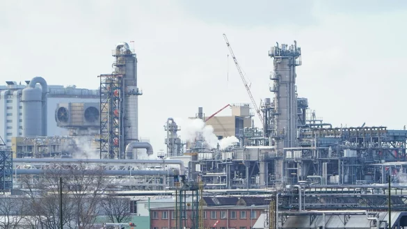 Industrieanlagen stehen auf dem Werksgel&auml;nde des Chemiekonzerns BASF: Der Umsatz der Branche d&uuml;rfte 2024 fallen. - &copy; Uwe Anspach/dpa