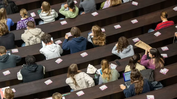 Studenten nehmen an der Einf&uuml;hrungveranstaltung im Audimax der Ludwig-Maximilians-Universit&auml;t teil. - &copy; Peter Kneffel/dpa