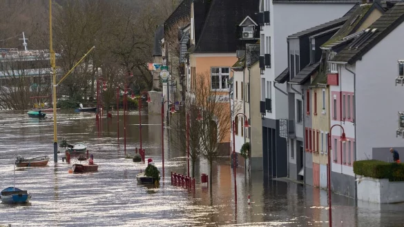 Die H&auml;user der Uferstra&szlig;e der Rheininsel Niederwerth stehen im Hochwasser des Rheins. - &copy; Thomas Frey/dpa