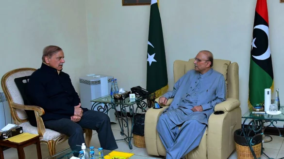 Pakistans Premierminister Shehbaz Sharif (l) zusammen mit dem neu gew&auml;hlten pakistanischen Pr&auml;sidenten Asif Ali Zardari. - &copy; Uncredited/Prime Minister Office/AP/dpa