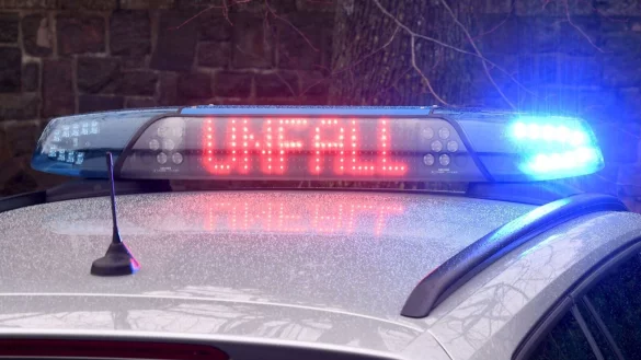 Die Leuchtschrift &laquo;Unfall&raquo; auf dem Dach eines Polizeiwagens. - &copy; Carsten Rehder/dpa/Symbolbild