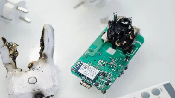 Eine verbrannte Funksteckdose liegt in einem Schaukasten der Bundesnetzagentur. - © Marius Becker/dpa