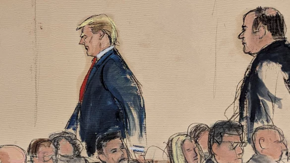 Diese Gerichtssaal-Skizze zeigt, wie der ehemalige Präsidenten Donald Trump (l) gefolgt von seinem Rechtsbeistand Boris Epshteyn den Gerichtssaal verlässt. - © Elizabeth Williams/AP/dpa