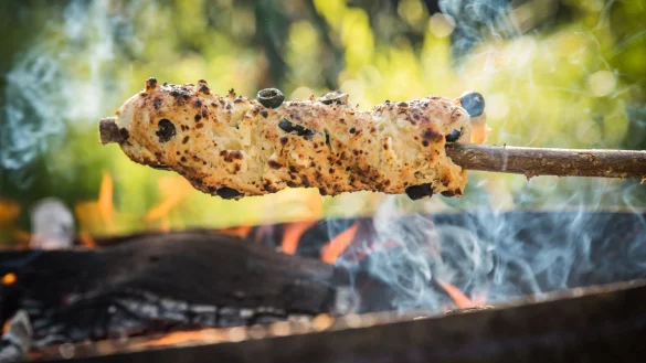 Ein Oliven-Feta-Knoblauch-Hefeteig ist um einen Haselnuss-Stock gewickelt und wird über dem Lagerfeuer gebacken. - © Christin Klose/dpa-tmn