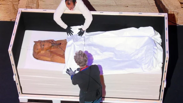 Der Sarkophag von Ramses II. wird in der Grande Halle de la Villette in Paris aus einer Transportkiste geholt. - &copy; Sabine Glaubitz/dpa