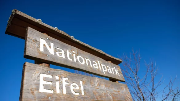 Ein Schild "Nationalpark Eifel" steht in der N&auml;he von Vogelsang am Rande des Nationalparks. - &copy; Thomas Banneyer/dpa/Archivbild