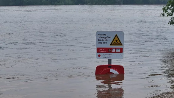 Ein Schild steht im Wasser am Rheinufer. - &copy; Sascha Thelen/dpa