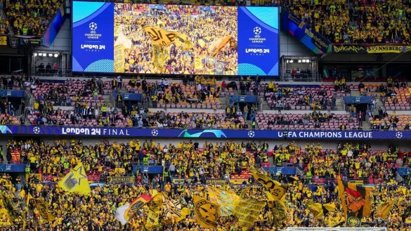 Dortmunder Fans schwenken Fahnen vor dem Spiel. - &copy; Kirsty Wigglesworth/AP