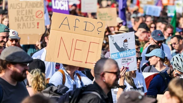 Ein Demonstrant h&auml;lt ein Plakat mit der Aufschrift &laquo;AfD? Nee&raquo; beim Protest gegen den &laquo;B&uuml;rgerdialog&raquo; von AfD-Bundestagsabgeordneten. - &copy; Christoph Reichwein/dpa