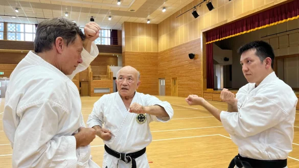 Noch nicht ganz kampfbereit: Unser Autor versucht sich in Okinawa in Karate. - &copy; Andreas Drouve/dpa-tmn/dpa