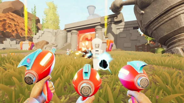 Nicht eine, nicht zwei, gleich drei Phaserpistolen kann unser Mann-B&auml;r schwingen und damit ordentlich Unruhe anrichten. - &copy; Broadside Games/Plaion/dpa-tmn