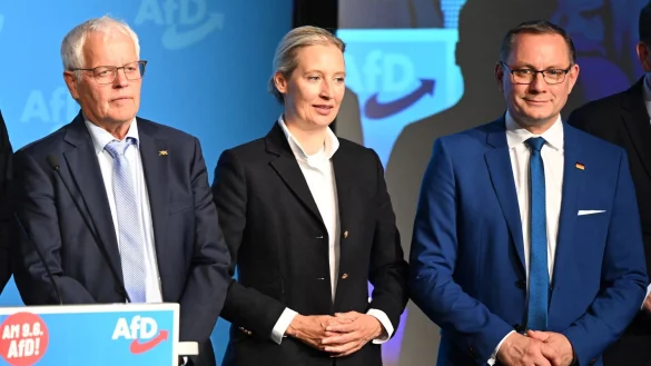 Die AfD-Parteispitze bestehend aus Alice Weidel und Tino Chrupalla beim Wahlkampfauftakt zur Europawahl zusammen mit dem AfD-Landesvorsitzenden Emil S&auml;nze (l) in Donaueschingen. Der eigentliche Spitzenkandidat der Partei war nicht anwesend. - &copy; Bernd Wei&szlig;brod/dpa