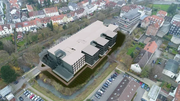 So k&ouml;nnte es aussehen: Das neue Parkhaus am Lustgarten, das zu einem Multi-Modal-Hub werden soll. - &copy; Grafik: Stadt Detmold