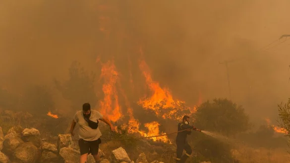 Ein Feuerwehrmann k&auml;mpft am im Dorf Hasia in der N&auml;he von Athen gegen einen Waldbrand. - &copy; Marios Lolos/XinHua/dpa