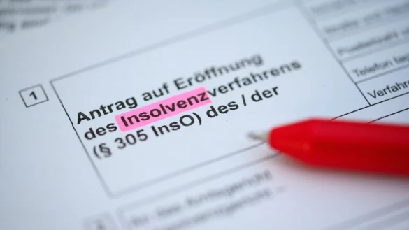 Ein Kugelschreiber liegt auf einem Antrag zur Eröffnung eines Insolvenzverfahrens. - © Jonas Walzberg/dpa/Illustration