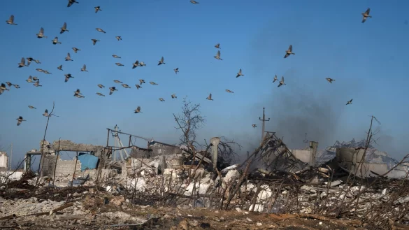 Nach einem russischen Raketenangriff: Rauch steigt aus den Ruinen eines Bauernhofs und eines noch brennenden Getreidespeichers auf. - © Efrem Lukatsky/AP/dpa
