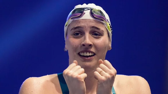 Angelina K&ouml;hler aus Deutschland jubelt. Bei den Schwimm-Europameisterschaften schwomm sie &uuml;ber 100m Schmetterling eine neue deutsche Rekordzeit. - &copy; Andreea Alexandru/AP/dpa