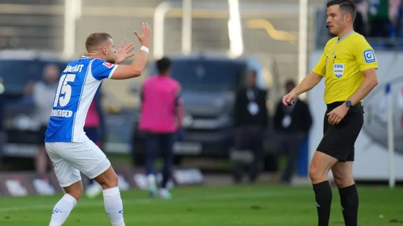 Darmstadts Fabian N&uuml;rnberger diskutiert mit Schiedsrichter Harm Osmers. Die Regelh&uuml;ter des Ifab wollen f&uuml;r mehr Respekt gegen&uuml;ber Referees sorgen. - &copy; Thomas Frey/dpa/Symbolbild