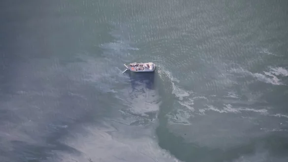 Einsatzkräfte der schwedischen Küstenwache arbeiten daran, Öl aufzufangen. Vor der südschwedischen Ostseeküste ist aus einer auf Grund gelaufenen Passagierfähre nach Behördenangaben sehr viel Öl ausgelaufen. - © ---/Küstenwache Schweden/dpa