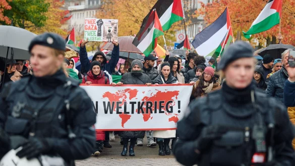 Teilnehmer einer Propal&auml;stinensische Demonstration schwenken Fahnen und zeigen Plakate. - &copy; Bernd Thissen/dpa