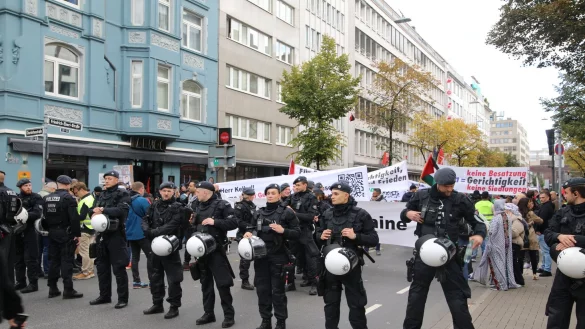 Polizisten stehen vor einem Demonstrationszug, der unter dem Motto &laquo;Verurteilung der Kriegsverbrechen gegen die Zivilbev&ouml;lkerung in Gaza&raquo; durch die Stadt zieht. Zu dem Umzug wurden insgesamt 2000 Teilnehmer erwartet. - &copy; Sascha Thelen/dpa