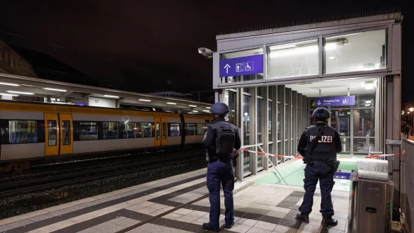 Einsatzkr&auml;fte der Bundespolizei stehen an einem Bahnsteig. - &copy; Friso Gentsch/dpa