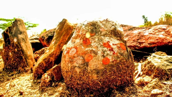 Diese als g&ouml;ttlich verehrte Steinkugel in Indien hat sich als Dino-Ei entpuppt. - &copy; Vishal Verma/dpa